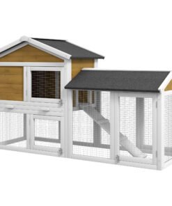 PawHut Wooden Rabbit Hutch Outdoor, Double Tier with Water-Resistant Roof, Ramp 147 x 54 x 84 cm, Yellow