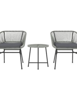 Outsunny 3 Pieces Rattan Bistro Set, Wicker Small Garden Table and Chairs Set with Cushions and Glass Top Coffee Table, Bistro Garden Furniture Set for Outdoor, Patio, Balcony, Light Grey