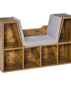 HOMCOM Bookcase Storage Shelf with Cushioned Reading Seat, Cube Bookshelf Organizer for Bedroom Living Room, Rustic Brown