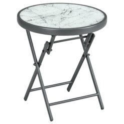 Outsunny Φ45cm Garden Side Table, Outdoor Round Folding Patio Table with Imitation Marble Glass Top, Small Coffee Table, White