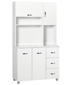 HOMCOM Kitchen Cupboard, 183cm Tall Storage Cabinet with Countertop, Sideboard with 3 Small Drawers, Flip Up Top Door, 3 Cabinet Doors and Open Shelves, 100W x 39.5D x 183.5H cm, White