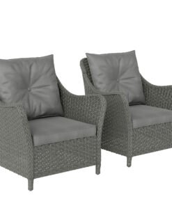 Outsunny Rattan Garden Chairs Set of 2, Outdoor Rattan Chairs with Cushions, Armrests and High Back, PE Wicker Garden Armchair with Steel Frame for Balcony, Porch, Dark Grey