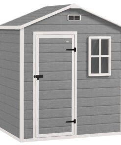 Outsunny 6 x 4ft Garden Shed, Plastic Shed with Floor, Window, Lockable Door and Vents, Wood Effect Resin Tool Shed for Outdoor, Grey