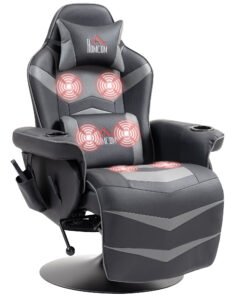 HOMCOM Massage Gaming Chair, Swivel Racing Video Gaming Recliner with Retractable Footrest, Headrest, Cup Holders and Side Pockets, Ergonomic High Back PU Leather Executive Desk Chair, Grey
