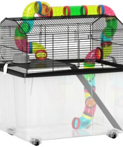 PawHut Two-Tier Hamster Cage with 31cm Deep Tray, Tube System, Water Bottle, Ramp, Feeding Bowl, Multicoloured