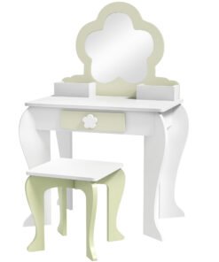 ZONEKIZ Kids Vanity Table with Mirror and Stool, Drawer, Storage Boxes, Flower Design, for Ages 3-6 Years - White