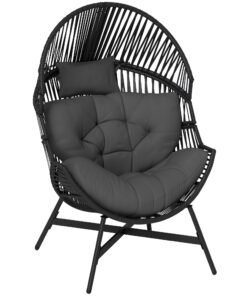 Outsunny Rattan Egg Chair, Oversized Freestanding Garden Egg Chair with Thick Tufted Cushion, Headrest, Steel Frame for Indoor and Outdoor Use, Charcoal Grey