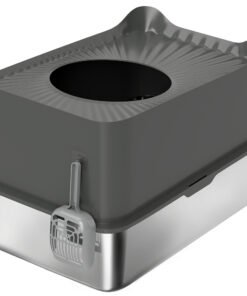 PawHut Stainless Steel Cat Litter Tray, Extra Large Enclosed Litter Box with Scoop, Top Entrance, Non-slip Pads, Dark Grey