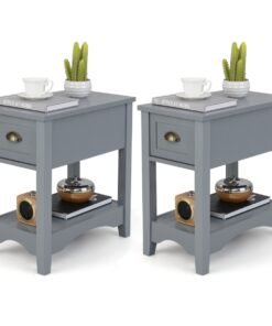 Rectangular Nightstand Set of Two with 1 Drawer 1 Storing Shelf and 4 Solid Rubber wood Legs-Grey