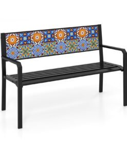 127cm Garden Metal Bench with Curved Seat and Mosaic Backrest for 2-3 People-Black