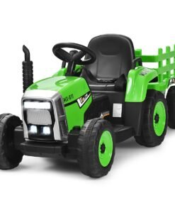 12V Kids Ride On Tractor with Trailer Music and LED Lights-Green