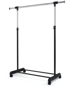 Adjustable Single Rail Garment Rack with Wheels and Bottom Shelf