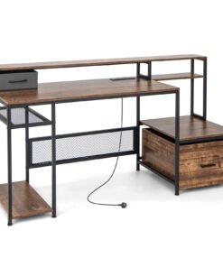 170 CM Computer Desk with Monitor Stand and File Drawer-Rustic Brown