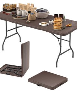 180cm Folding Table with Rattan-Like HDPE Tabletop and Safe Lock Mechanism-Coffee