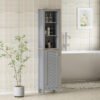 kleankin Bathroom Floor Storage Cabinet with 3 Tier Shelf and Cupboard with Door, Free Standing Linen Tower, Tall Slim Side Organizer Shelves, Grey