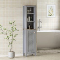 kleankin Bathroom Floor Storage Cabinet with 3 Tier Shelf and Cupboard with Door, Free Standing Linen Tower, Tall Slim Side Organizer Shelves, Grey
