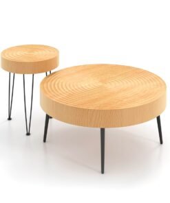 Set of 2 Solid Wood Farmhouse Round Coffee Tables