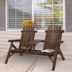 Outsunny Wood Patio Chair Bench 2 Seats Jack and Jill Seat w/ Center Coffee Table, Garden Bench, Carbonized