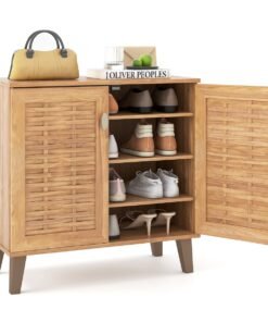 2-Door 4-Tier Shoe Rack Organizer with Ventilated Woven Doors-Teak