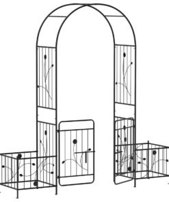 220cm Garden Arbor Metal Arch Trellis Lockable Gate with Side Planters-Black