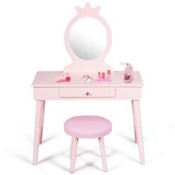 Child's Dressing Table and Cushioned Stool Set-Pink