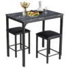 3 Piece Dining Table Set with 2 Faux Leather Backless Stools-Black