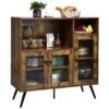 Industrial Wooden Kitchen Storage Cabinet with Tempered Glass Doors-Brown