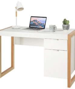Wooden Computer Desk with Drawer and Cabinet for Home Office-White