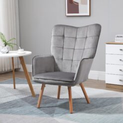HOMCOM Modern Accent Chair, Upholstered Tufted Wingback Armchair with Seat Padding, Velvet Leisure Lounge Bedroom Chair with Wood Legs, Grey