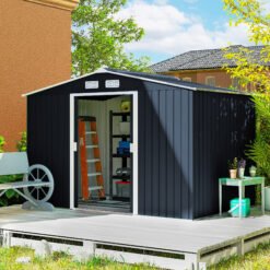 Outsunny 9 x 6ft Metal Bicycle Shed, Outdoor Storage Tool House with Ventilation Slots, Foundation Kit and Lockable Double Doors, Dark Grey