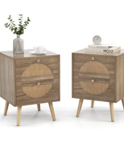 2Pcs Bohemian Style Rattan Nightstand with 2 Drawers-Natural