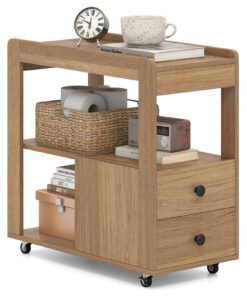 Modern 2-Drawer Sofa Side Table with Open Shelves-Natural