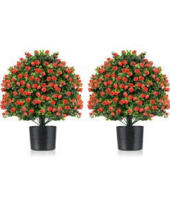 2 Pack Artificial Rose Topiary Ball Tree Faux Shrub Bushes-Red