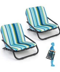 2 Pack Low Folding Beach Chairs with Cushion and Shoulder Straps-Blue