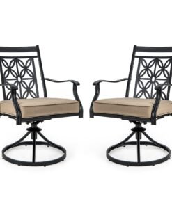 2 Pieces Outdoor Bistro Dining Chair Set Swivel Chairs with Blossom Pattern Backrest-Khaki