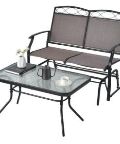 2 Pieces Patio Glider Conversation Set with Tempered Glass Coffee Table-Brown