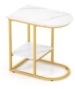 2-Tier C-shaped End Table Modern Sofa Side Table with Metal Frame-White