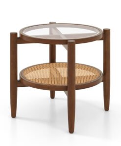 2-Tier PE Rattan Round Side End Table with Tempered Glass Tabletop