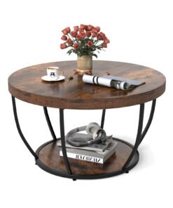 2-Tier Round Coffee Table with Storage Metal Frame Tea Cocktail Table-Natural