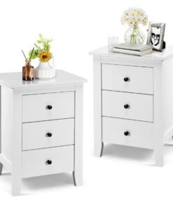 2 Pecies Wooden Nightstand with 3 Drawers and Stable Structure-White
