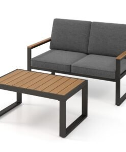 2 Piece Patio Aluminum Furniture Set with Wood-Plastic Armrests and Tabletop-Grey