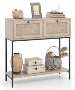2-Tier Console Table with Rattan Drawers and Open Storage Shelf-Oak