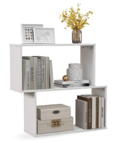 Irregular Wooden Bookshelf with 2 Compartments for Home Office-White