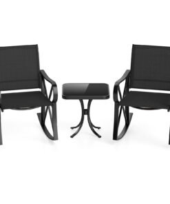 3-Piece Patio Rocking Bistro Rocker Chairs Set with Glass-Top Side Table-Black