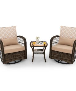 3-Piece Patio Wicker Swivel Rocker Set with Tempered Glass Coffee Table-Beige