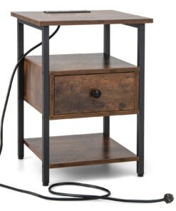 3-Tier Nightstand with Charging Station Open Shelves and Drawer-Brown