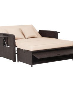 Patio Wicker Loveseat Sofa with Multipurpose Ottoman and Retractable Side Tray-Beige