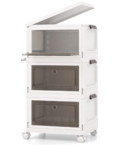 3-Pack Stackable Storage Bins with Lockable Wheels for Dorm Pantry Bedroom-White