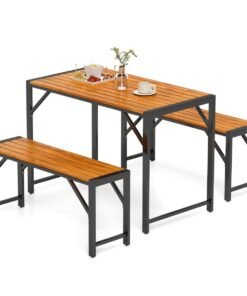 3-Pieces Patio Dining Set with Outdoor Picnic Table and 2 Benches for 4 People