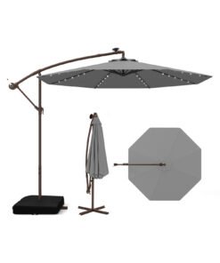 300cm Hanging Offset Umbrella with 40 LED Lights Solar Panel Batteries-Grey